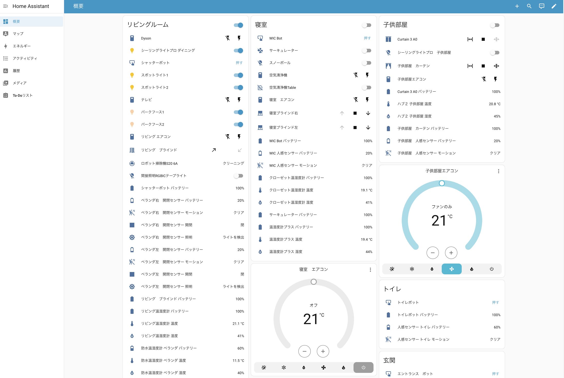 Home Assistantの概要画面。リビング、寝室、子供部屋などのデバイスが一覧で統合表示されている