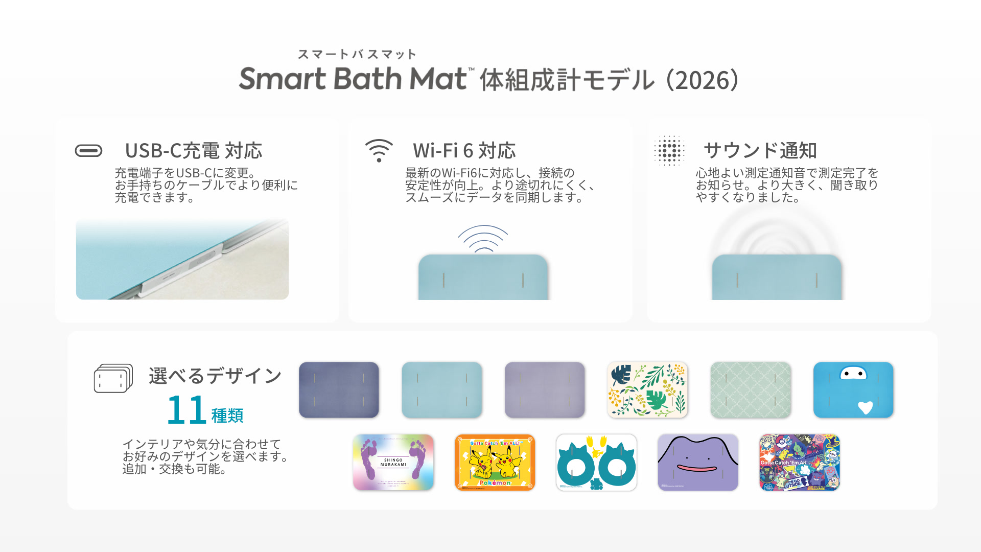 スマートバスマット体組成計モデル(2026)の主な変更点。USB-C充電、Wi-Fi 6、サウンド通知、11種類のデザインが紹介されている