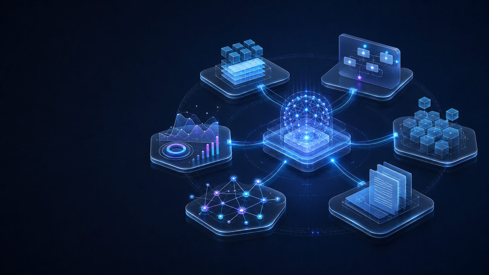 AI Agentの品質を支えるデータ・ルール・API・検索・知識グラフ・評価を表す抽象図