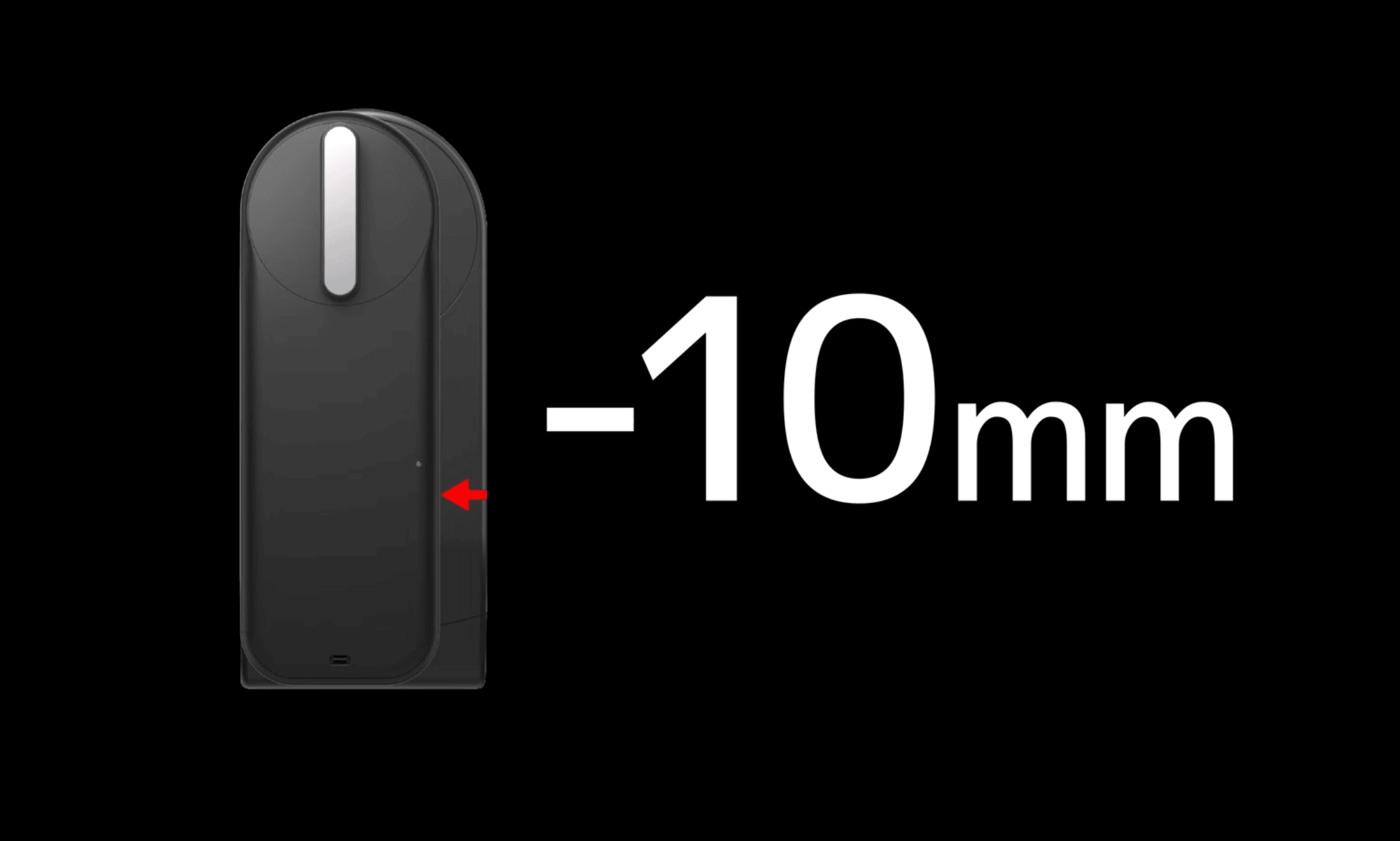 セサミ6 Pro miniの側面。従来より10mm薄いことを示しており、ドア枠に近い鍵でも設置しやすくする設計が分かる